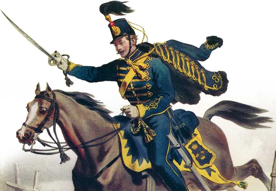 Bilden föreställer en skånsk husar i uniform modell 1847. Bilden föreställer en skånsk husar i uniform modell 1847.